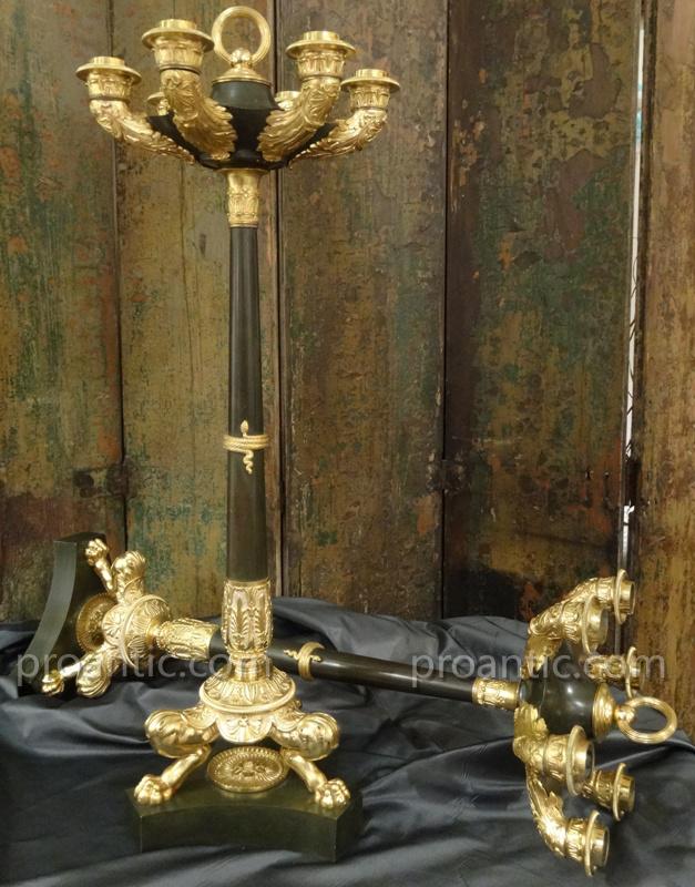 Pair Of Candlesticks Empire Gilt Bronze And Patina, XIX Century-photo-3