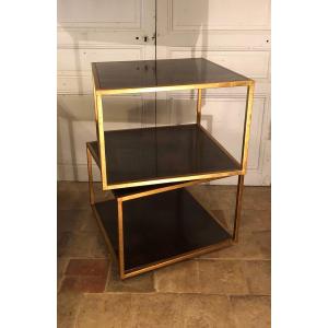 Pair Of Sofa End Tables In Gold Metal And Walnut