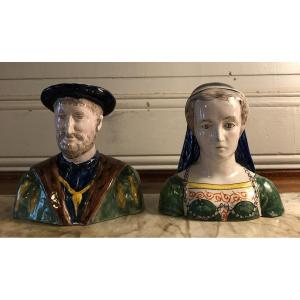 Francis I And Claude Of France Pair Of Desvres Earthenware Busts 
