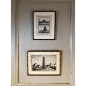 Two Engravings Of Chinese Temples In Bamboo Frames