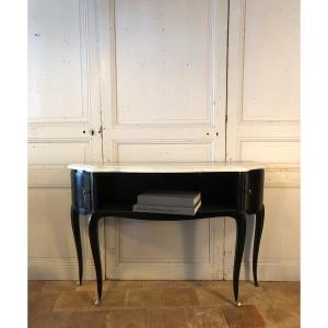 Curved Art-dèco Black Lacquered Console And Carrara Marble