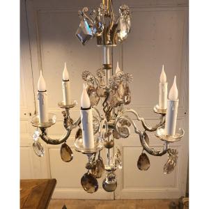 Painted And Gilded Wrought Iron Chandelier With Tassels Circa 1940