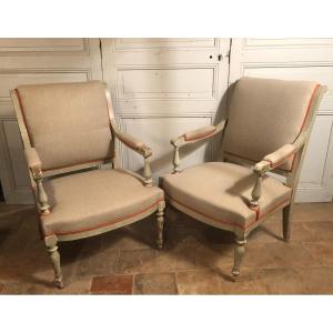 Pair Of Directoire Armchairs In Gray Lacquered Wood Late 18th Century 