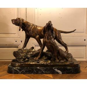 Bronze Couple De Chiens Braque Signé L Bureau XIX° Siècle 