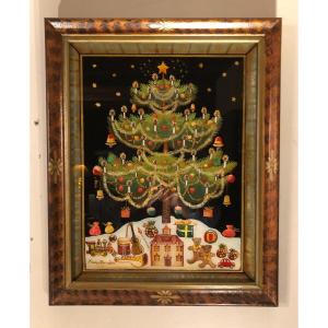 "christmas Tree" Signed Marie Amalia Fixed Under Glass 