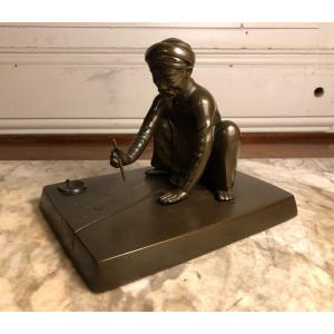 "scribe" Bronze à Patine Brune Asie XIX° Siècle