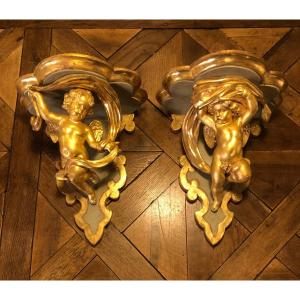 Pair Of Consoles With Angels In Gilded Wood 