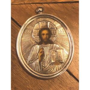 Icône De Voyage "Christ Pantocrator" Argent Massif Russie 