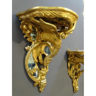 Pair Of XIXth Century Dragons Consoles In Golden Wood And Mirrors