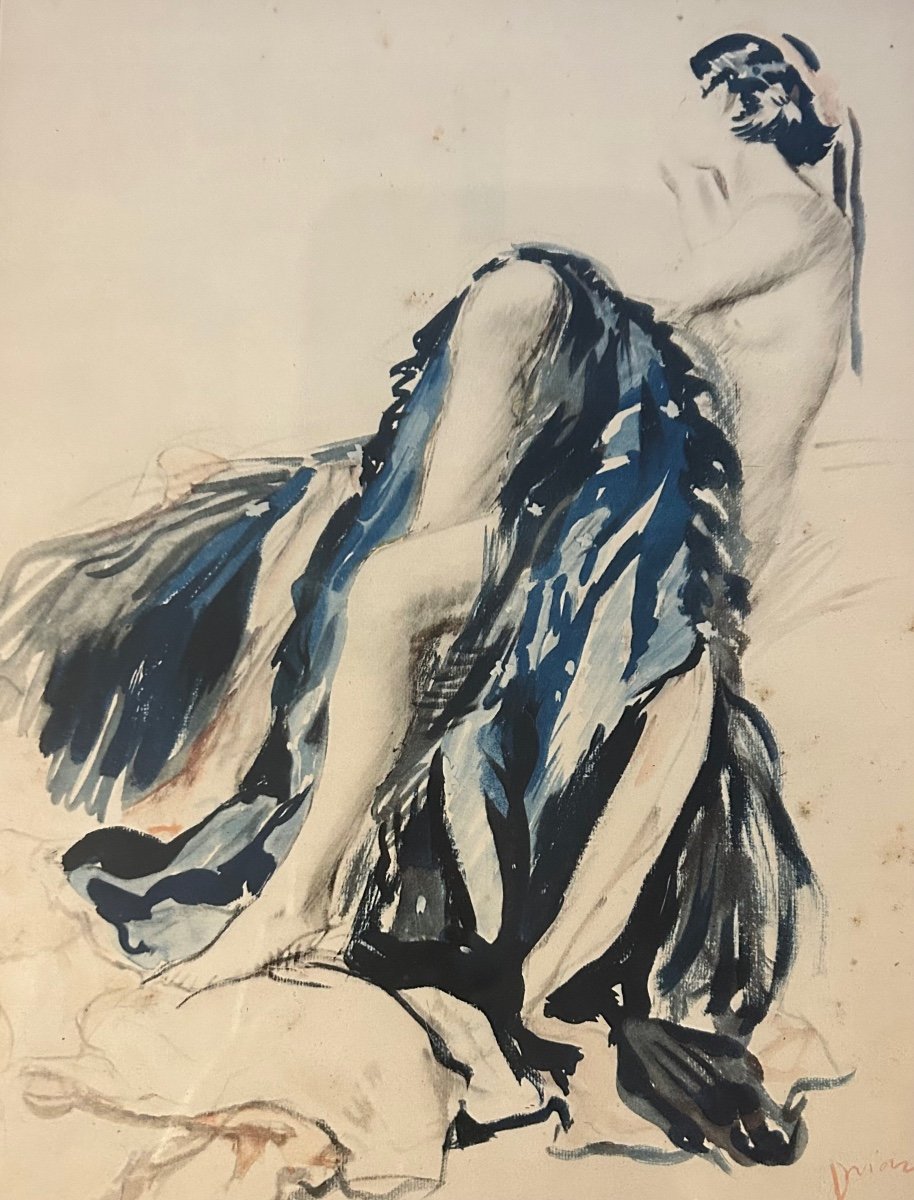 “veiled  Nudity” Signed Drian (adrien Désiré étienne) Drawing Gouache Or Watercolor And Pencil