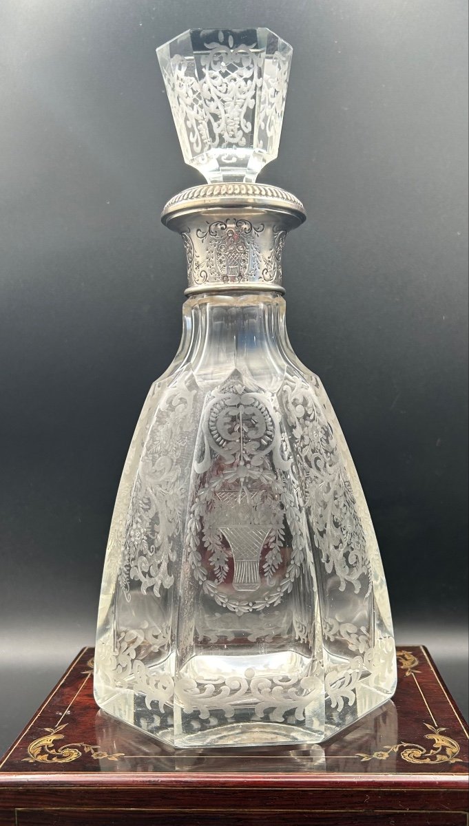 Carafe Cristal Et Argent Gravée De Paniers Fleuris