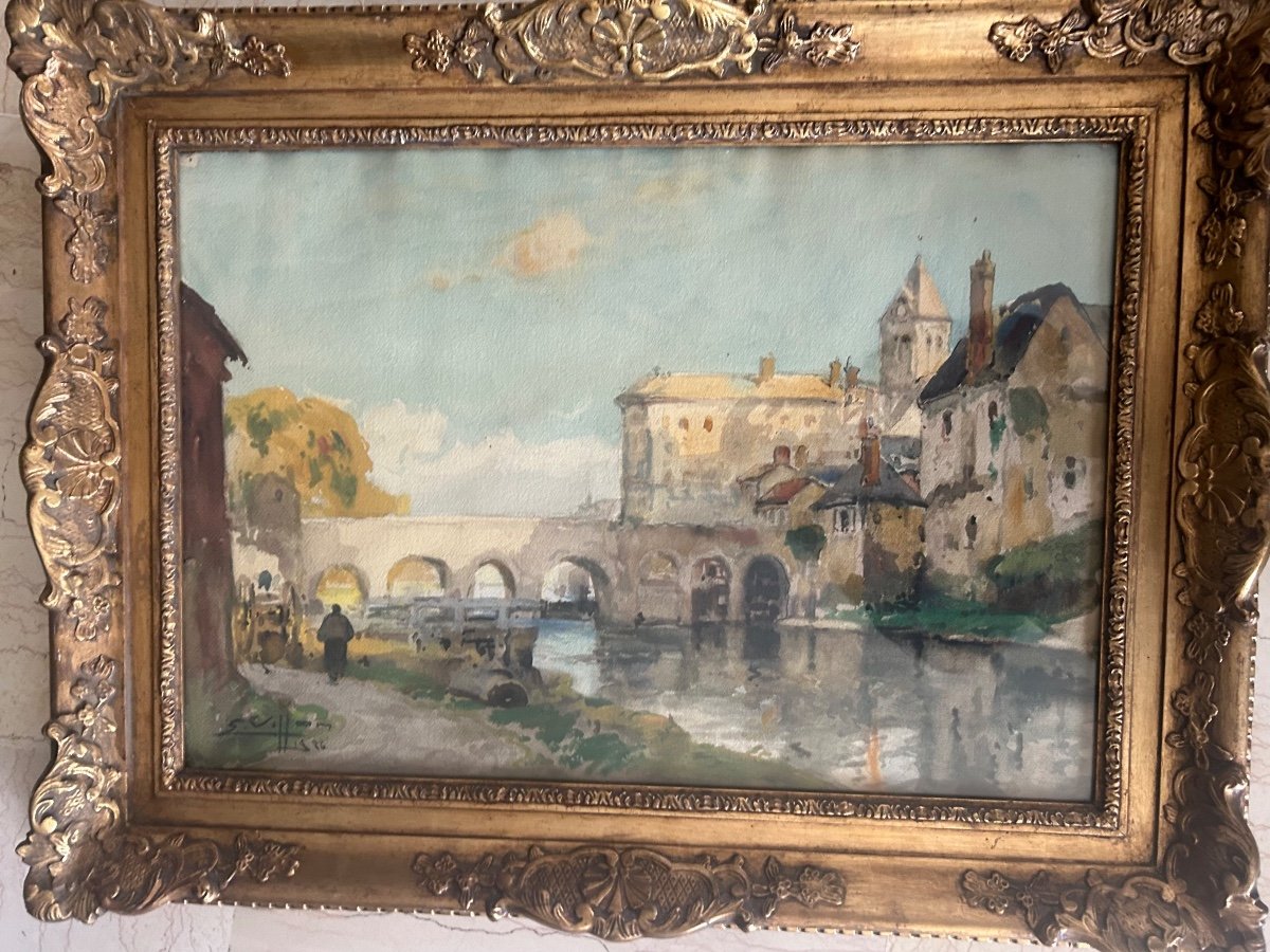 Eugene Villon  Aquarelle « le Pont Aux Sept Arches Dans Le Village »-photo-2