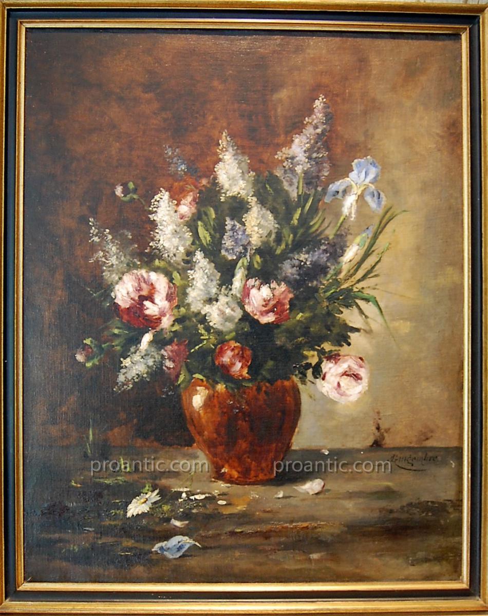 Oil On Canvas "bouquet Printanier" Marcel J. Ginger Of Aubépine