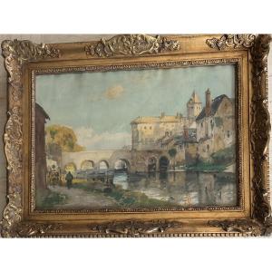 Eugene Villon Watercolor “the Seven Arches Bridge In The Village”