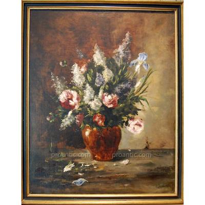 Oil On Canvas "bouquet Printanier" Marcel J. Ginger Of Aubépine