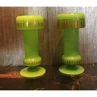 Pair Of Vases In Green Opaline And Nineteenth Gold Decor