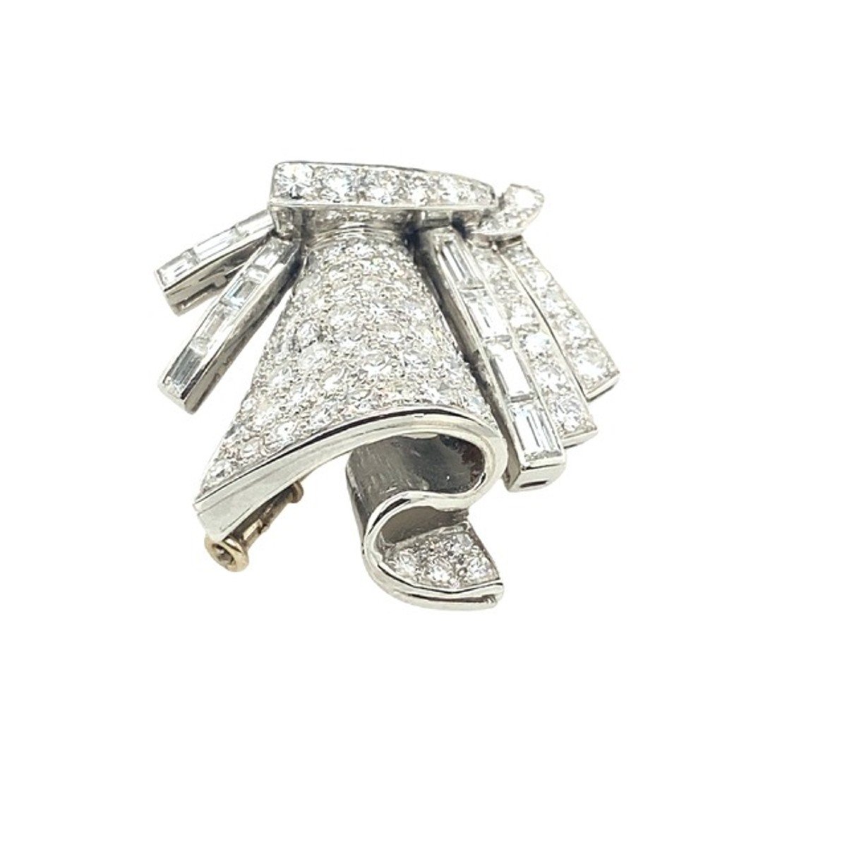 Deco Platinum Brooch Set With 1.0ct Of F/vs Baguette + 1.5ct Of Round Diamonds-photo-2