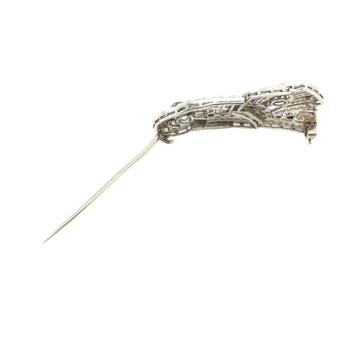 Broche diamant Artdeco en platine, sertie de diamants ronds et baguettes de 1,80 ct-photo-2