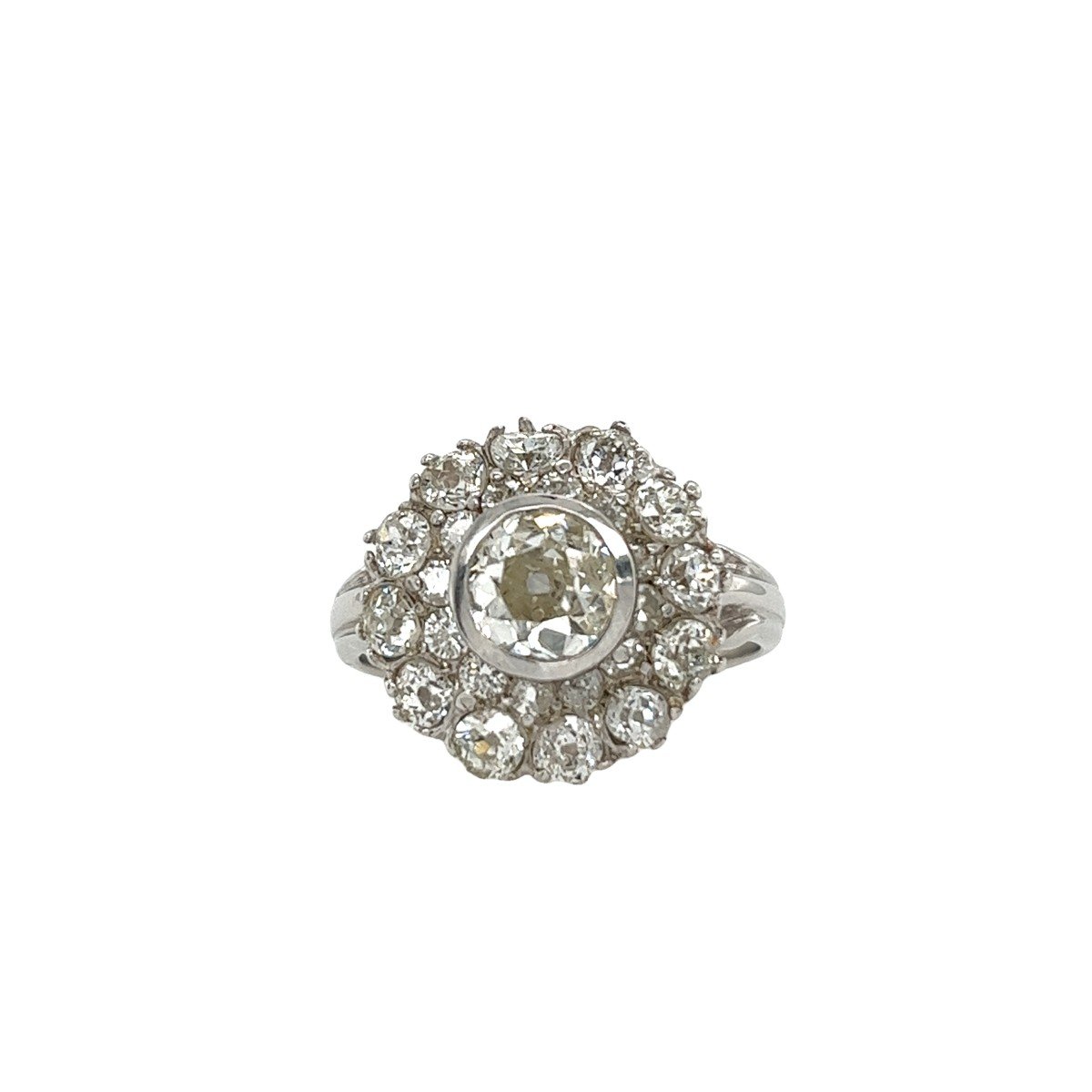 Bague en grappe de diamants de fabrication italienne vintage, sertie de diamants taille 