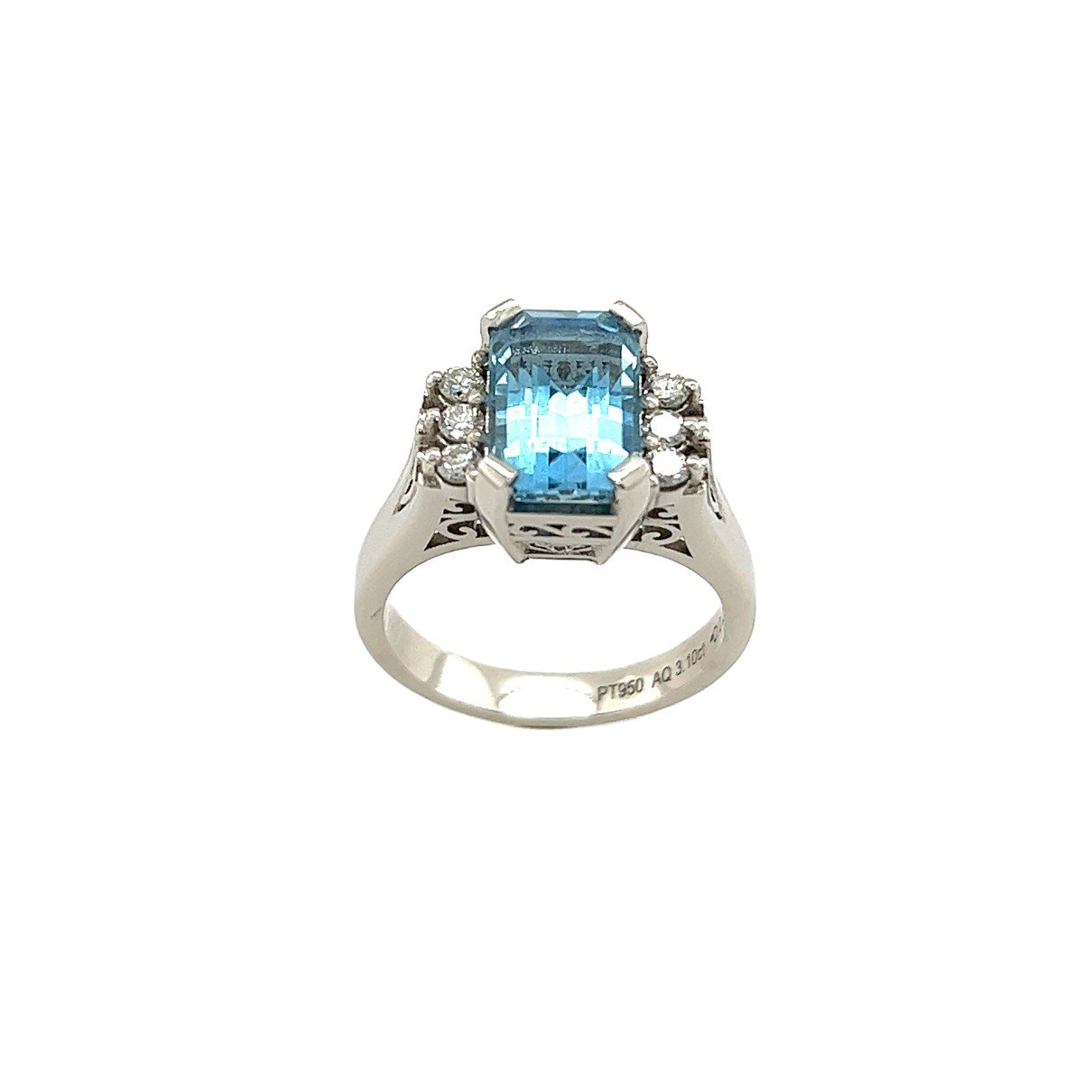 Bague aigue-marine triple Aaa taille émeraude 3,10 ct avec 3 diamants sur les côtés en platine-photo-4