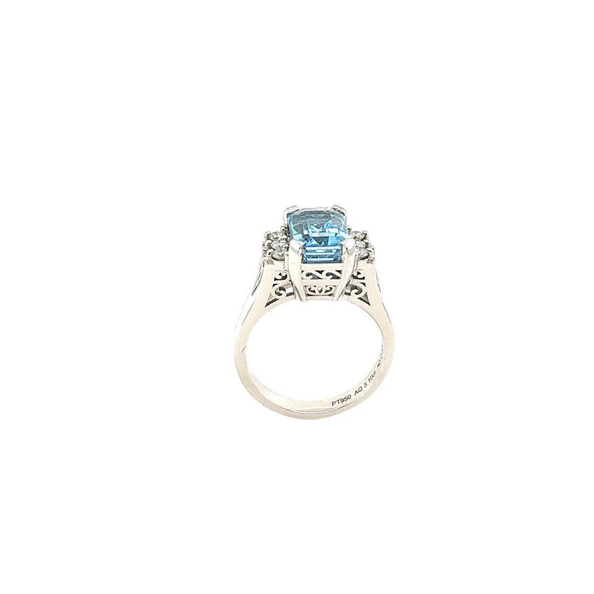 Bague aigue-marine triple Aaa taille émeraude 3,10 ct avec 3 diamants sur les côtés en platine-photo-1