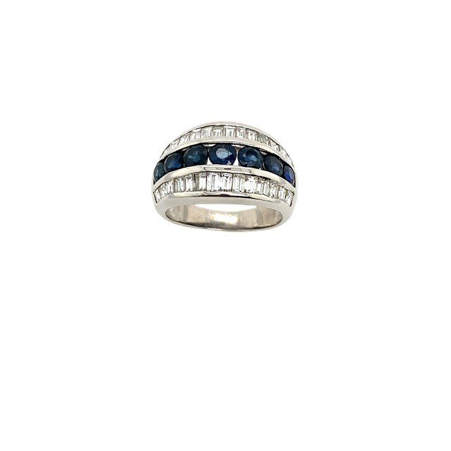 18ct White Gold Round Sapphire & Baguette Diamond Turban Ring, 1.0ct Diamonds