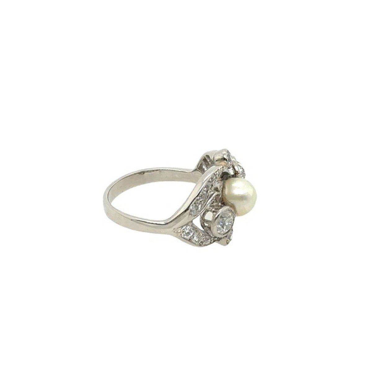 Vintage Diamond And Pearl Ring Set In Platinum, 0.90ct Of Diamonds-photo-2