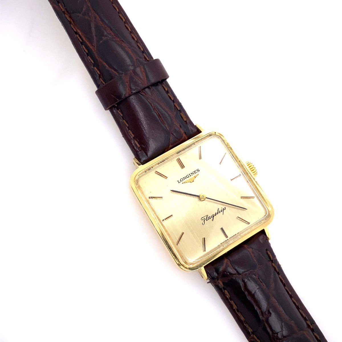 Montre Phare Carrée Longines Vintage En Or Jaune 18 Carats-photo-2