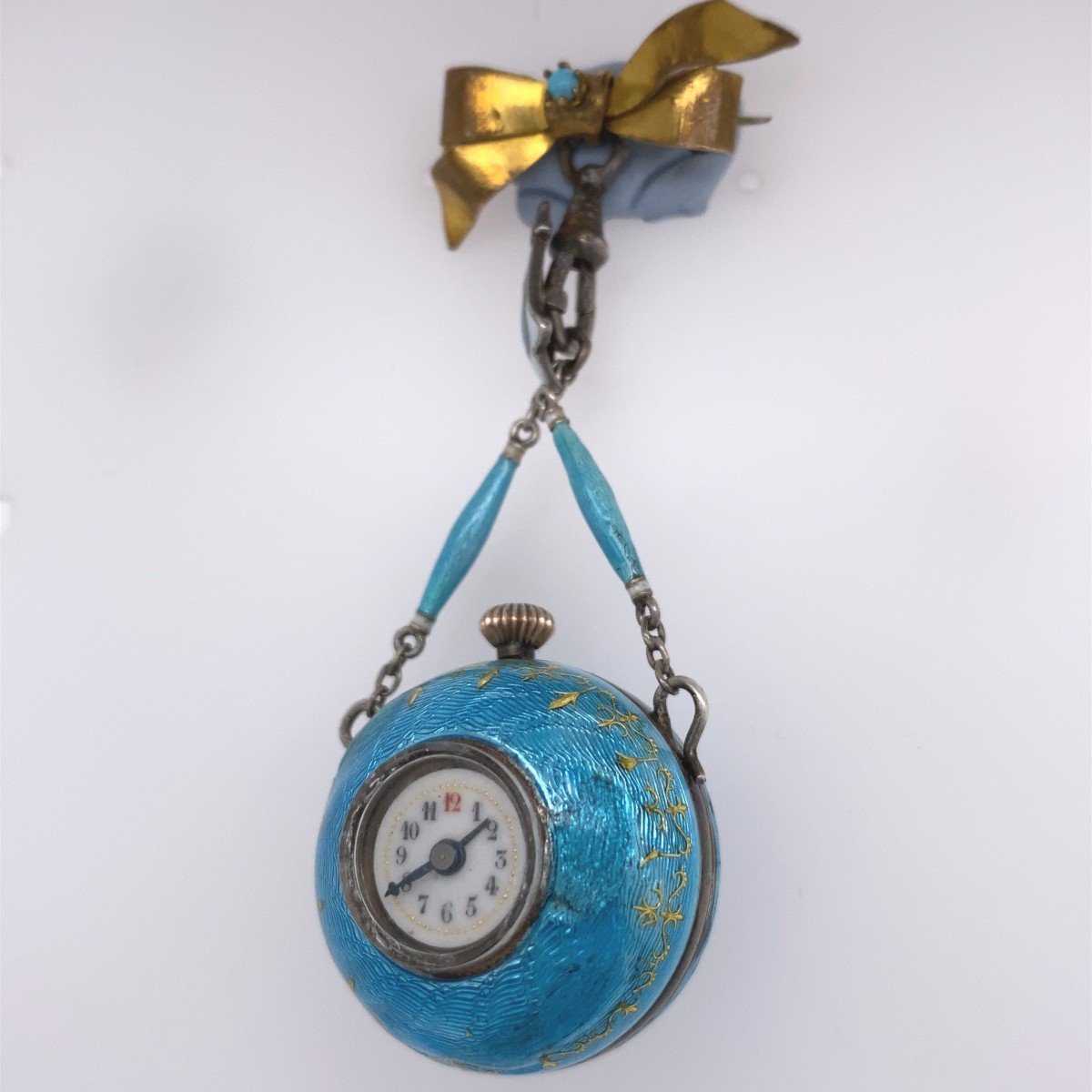 Fully Restored Turquoise Enameled Ball Watch Suspended From A Bow Brooch-photo-2