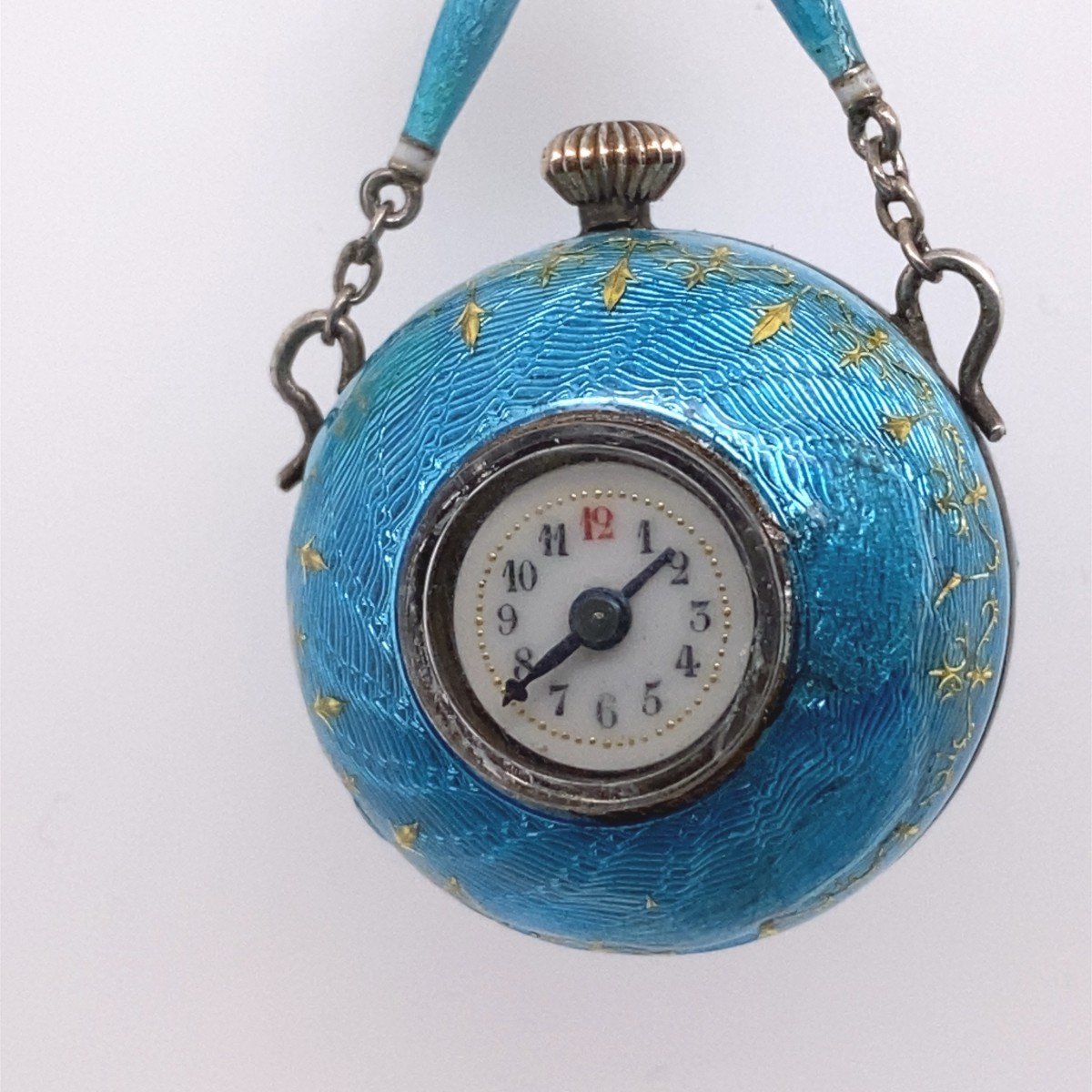 Fully Restored Turquoise Enameled Ball Watch Suspended From A Bow Brooch-photo-1