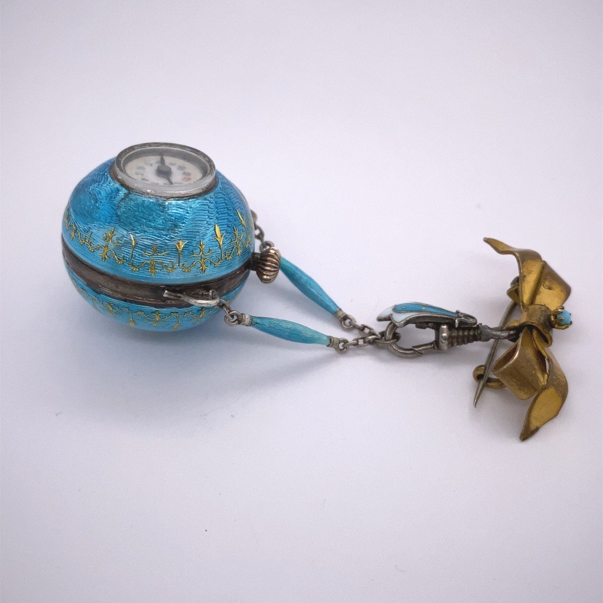 Fully Restored Turquoise Enameled Ball Watch Suspended From A Bow Brooch-photo-3