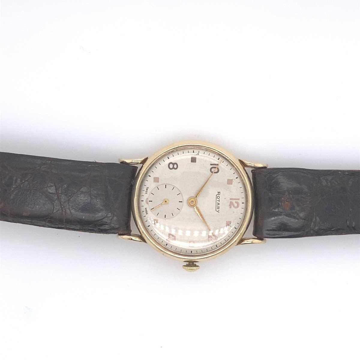 Montre Rotative Vintage En Or 9 Carats, Avec Bracelet En Cuir Marron Original-photo-5