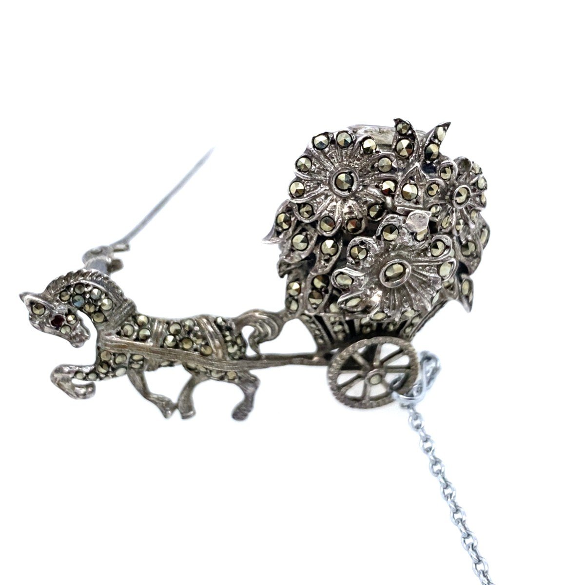 Anker Silver 1950s Monarch Horse And Carriage Brooch/watch With Marcasite-photo-2