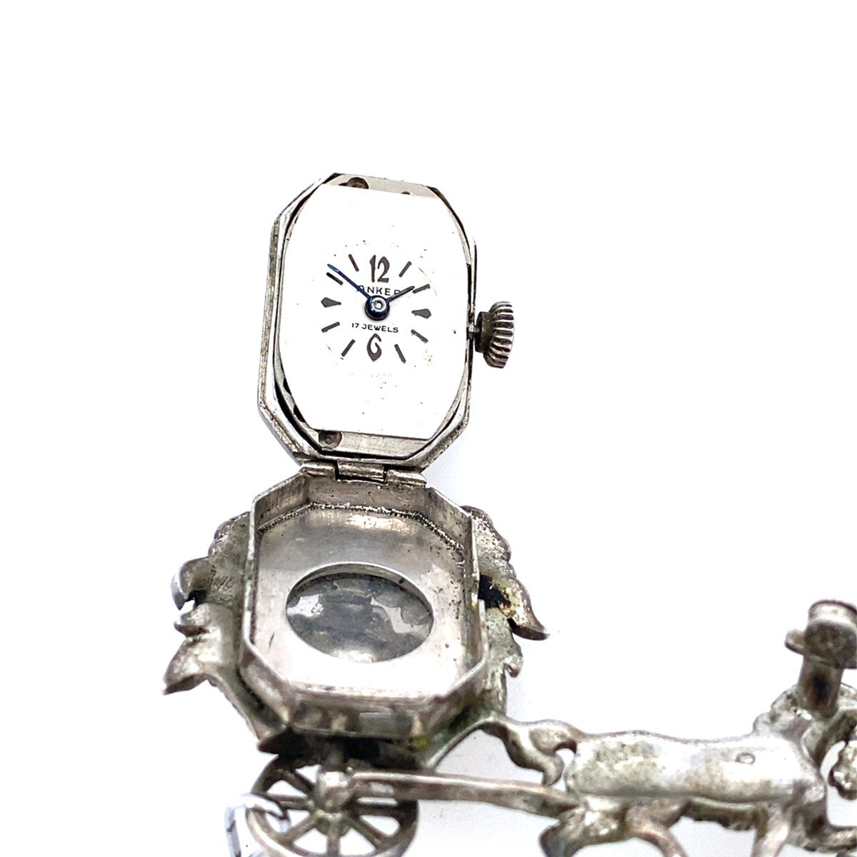 Anker Silver 1950s Monarch Horse And Carriage Brooch/watch With Marcasite-photo-3