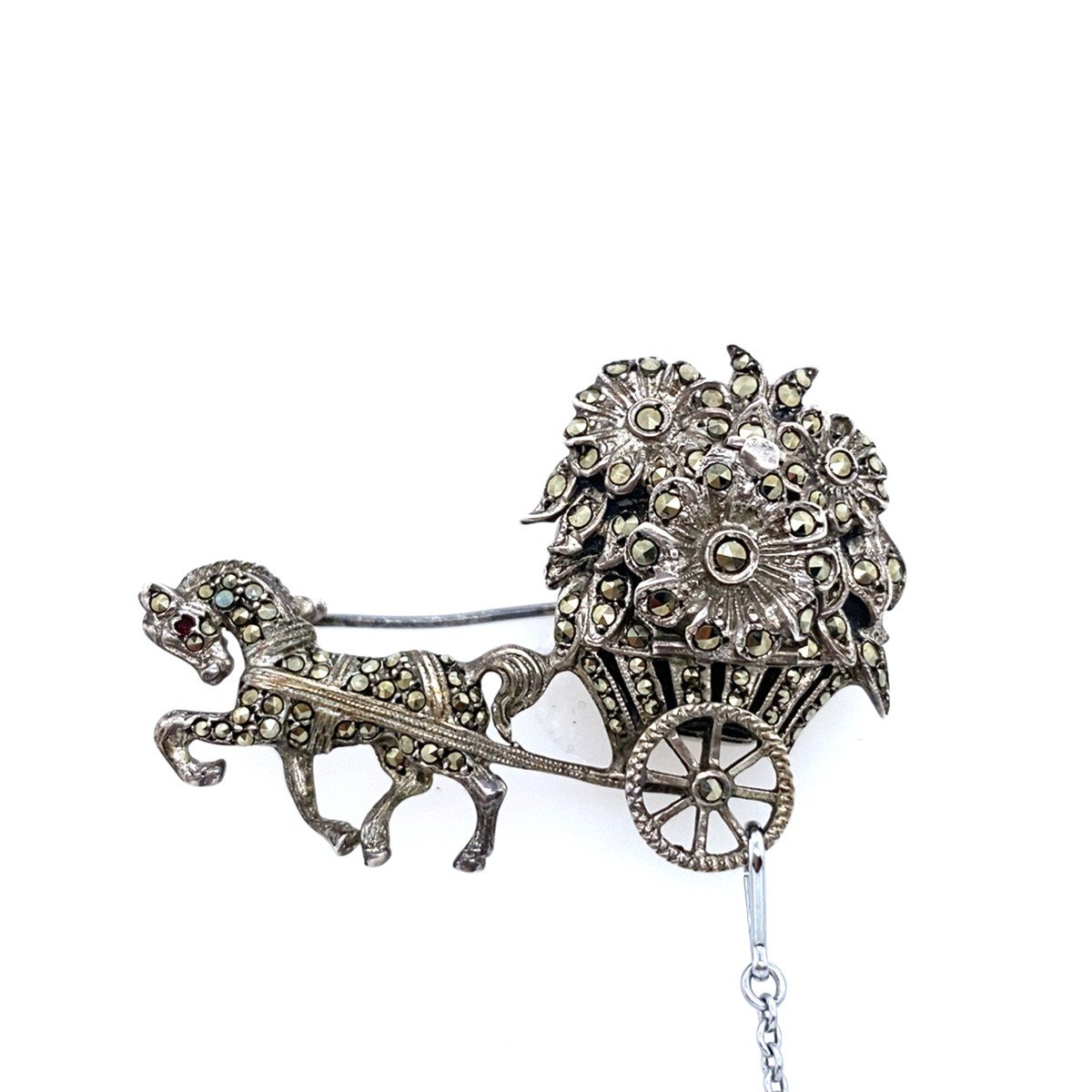 Anker Silver 1950s Monarch Horse And Carriage Brooch/watch With Marcasite-photo-5