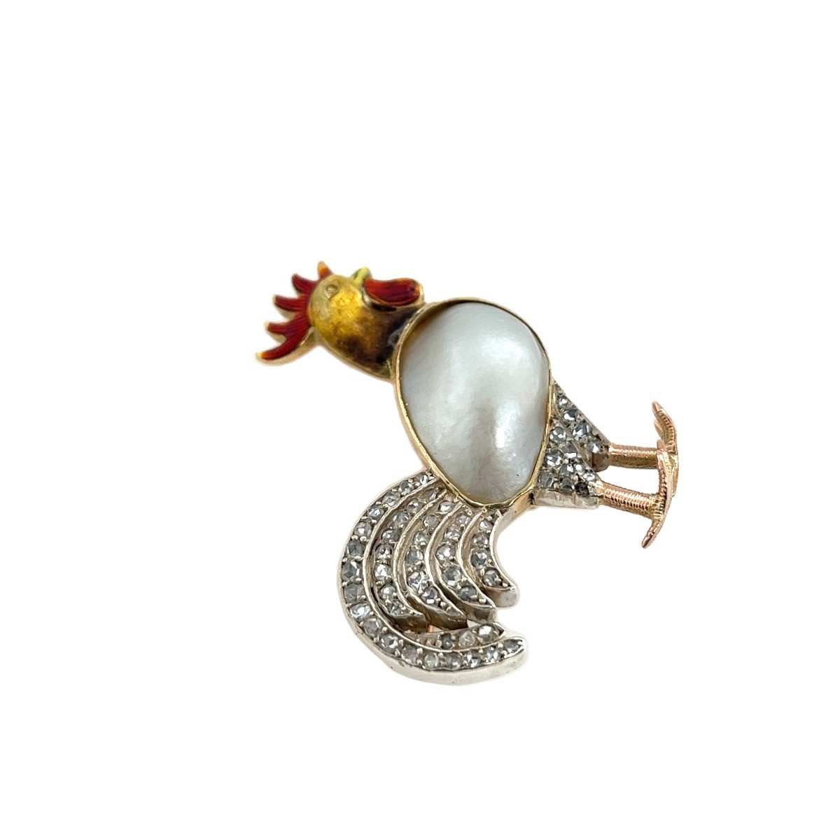 Baroque Rooster Brooch In Diamond, Enamel And 14k Yellow Gold Set In Platinum-photo-2