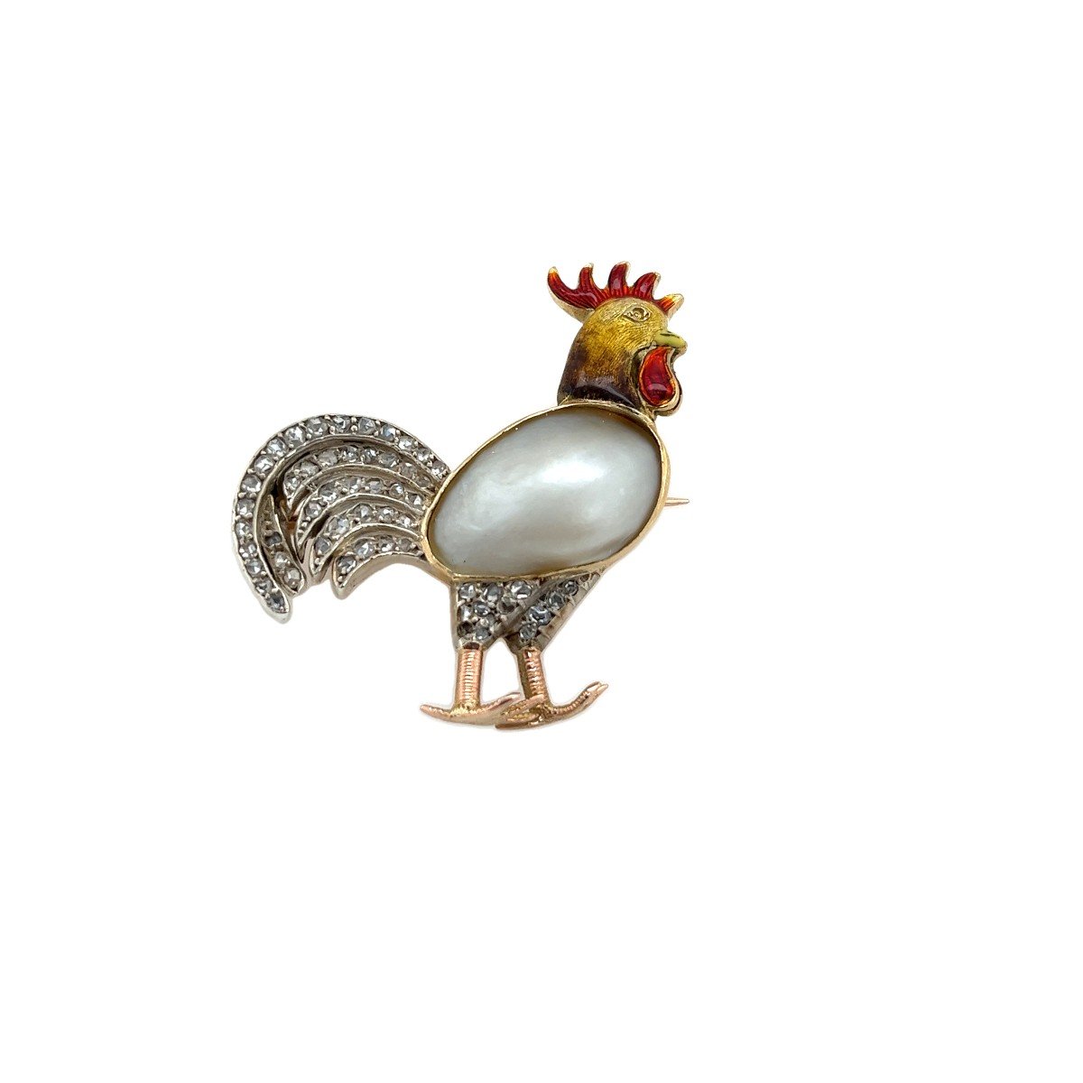 Baroque Rooster Brooch In Diamond, Enamel And 14k Yellow Gold Set In Platinum-photo-2