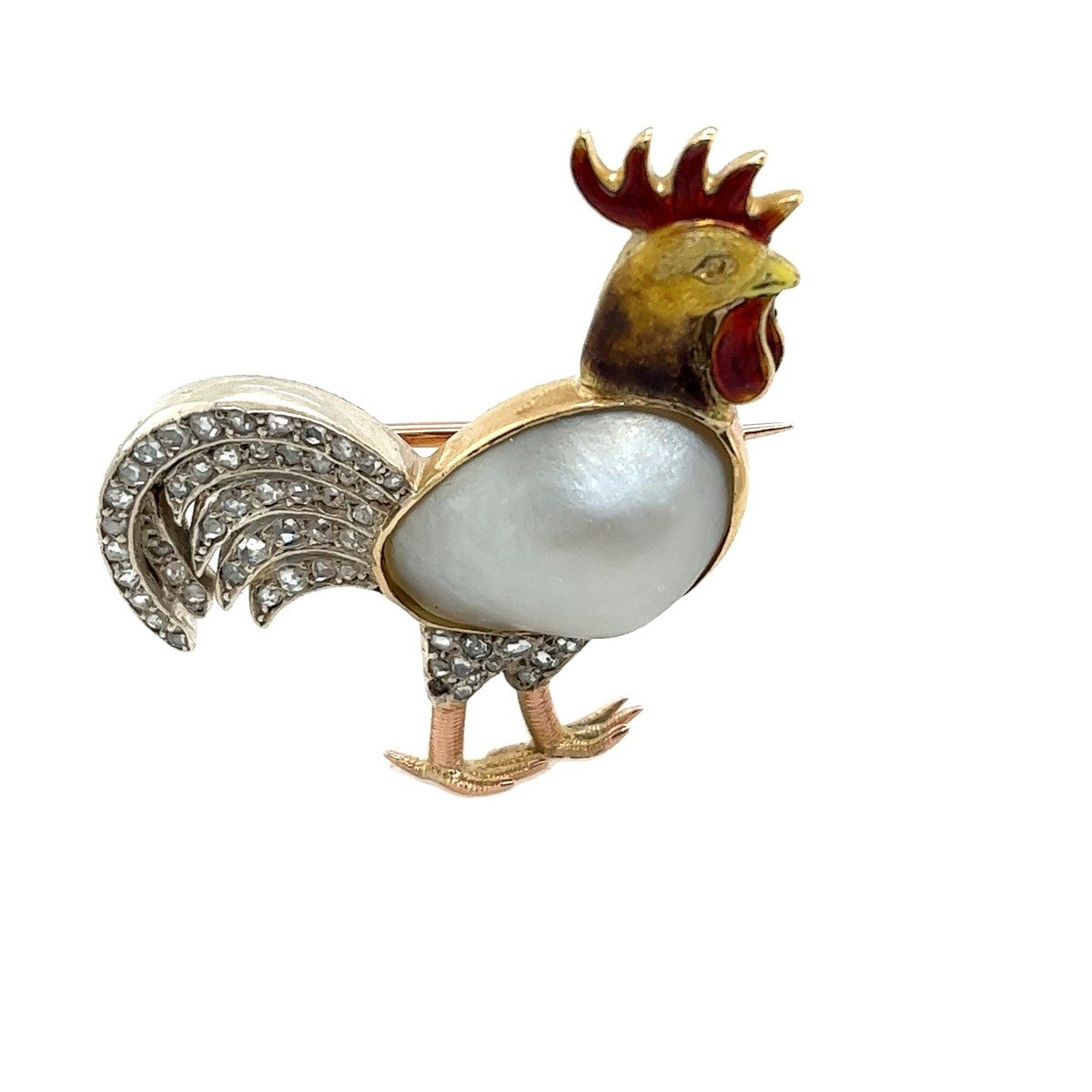 Baroque Rooster Brooch In Diamond, Enamel And 14k Yellow Gold Set In Platinum-photo-5