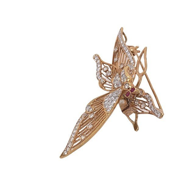 Broche Papillon Rubis Et Diamants En Or Jaune 18 Carats, Diamants 0,60 Carat Et 2 Rubis-photo-2