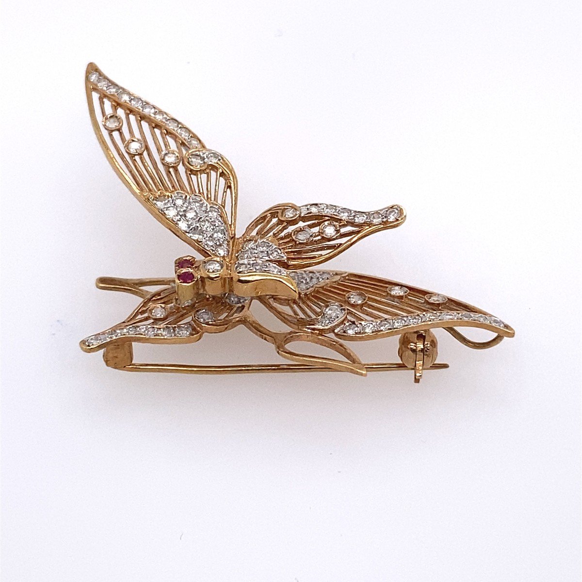 Broche Papillon Rubis Et Diamants En Or Jaune 18 Carats, Diamants 0,60 Carat Et 2 Rubis-photo-7