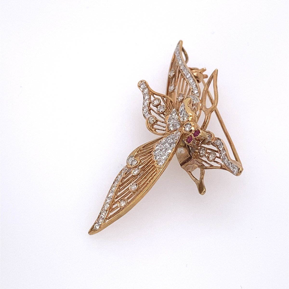 Broche Papillon Rubis Et Diamants En Or Jaune 18 Carats, Diamants 0,60 Carat Et 2 Rubis-photo-8