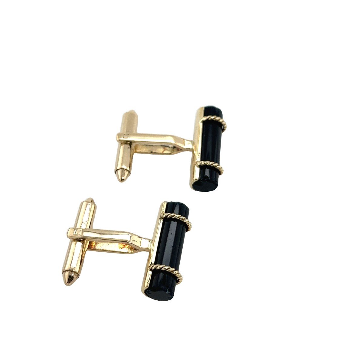 Boutons De Manchette Vintage En Or Jaune 14 Carats Et Onyx Noir-photo-2