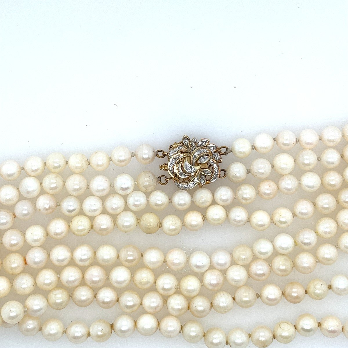 Vintage 2 Row Cultured Pearl Necklace Set With Diamond Clasp In 14k Gold-photo-1