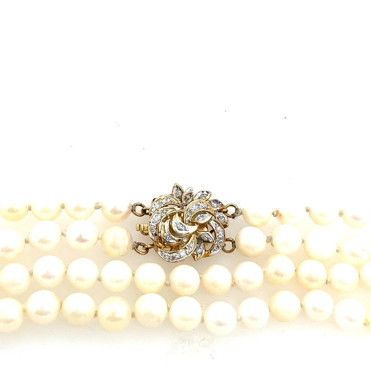 Vintage 2 Row Cultured Pearl Necklace Set With Diamond Clasp In 14k Gold-photo-3