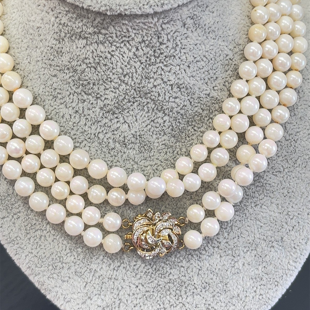 Vintage 2 Row Cultured Pearl Necklace Set With Diamond Clasp In 14k Gold