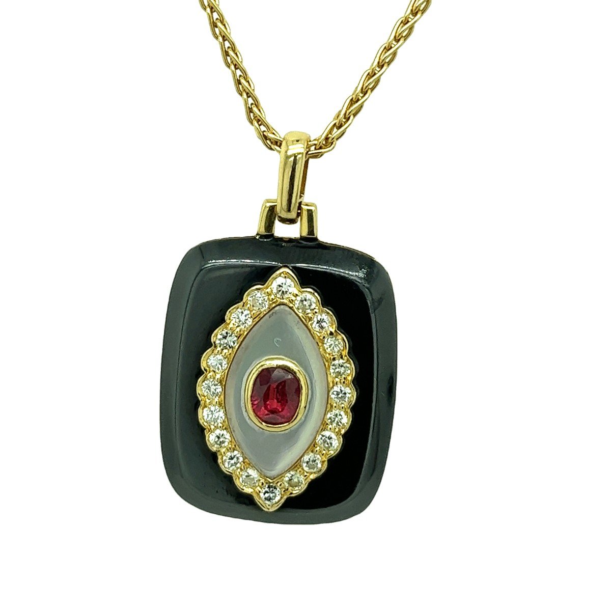 Pendentif Vintage Rubis Et Diamant En émail Noir Serti En Or Jaune 18 Carats