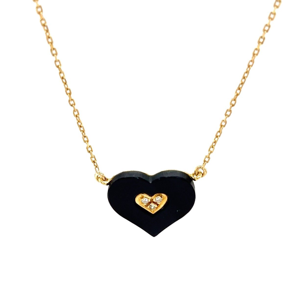 Elegant Heart Shaped Pendant With Black Onyx And Diamonds In 18k Yellow Gold-photo-2