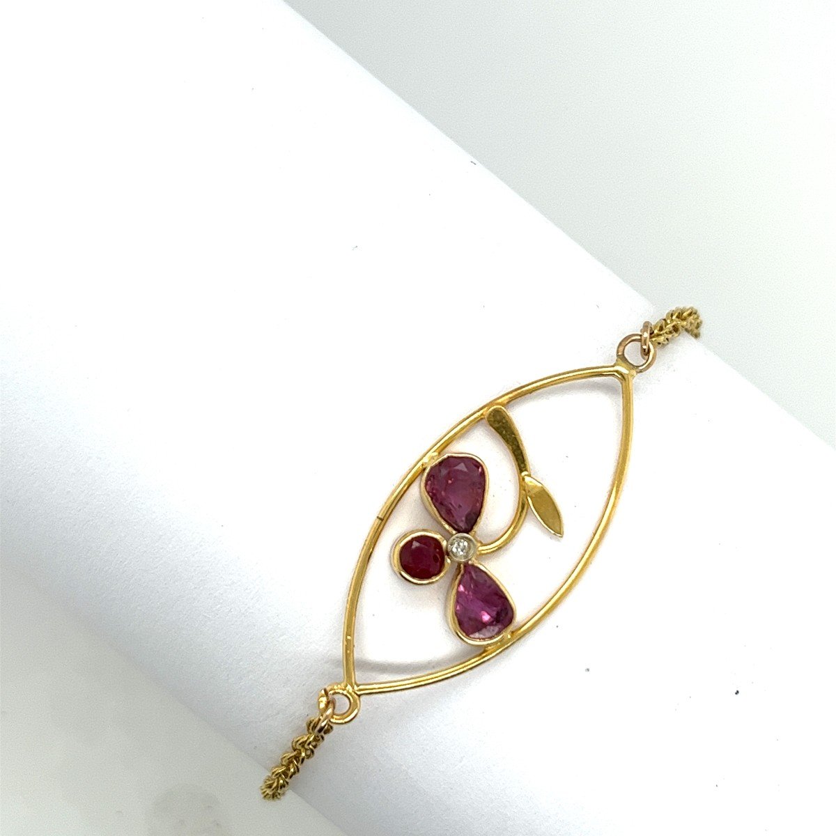 Vintage Style 18ct Yellow Gold Bracelet – 3 Natural Rubies & 1 Diamond-photo-2