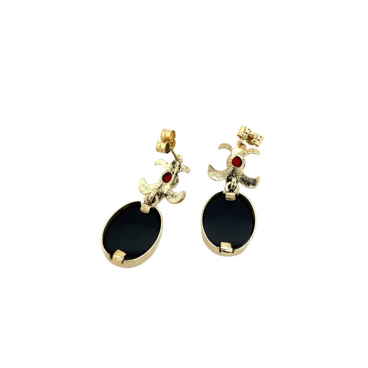 Boucles d'Oreilles Pendantes En Or Jaune 14 Carats Serties De 2 Onyx Sculptés En Hématite Et De-photo-2