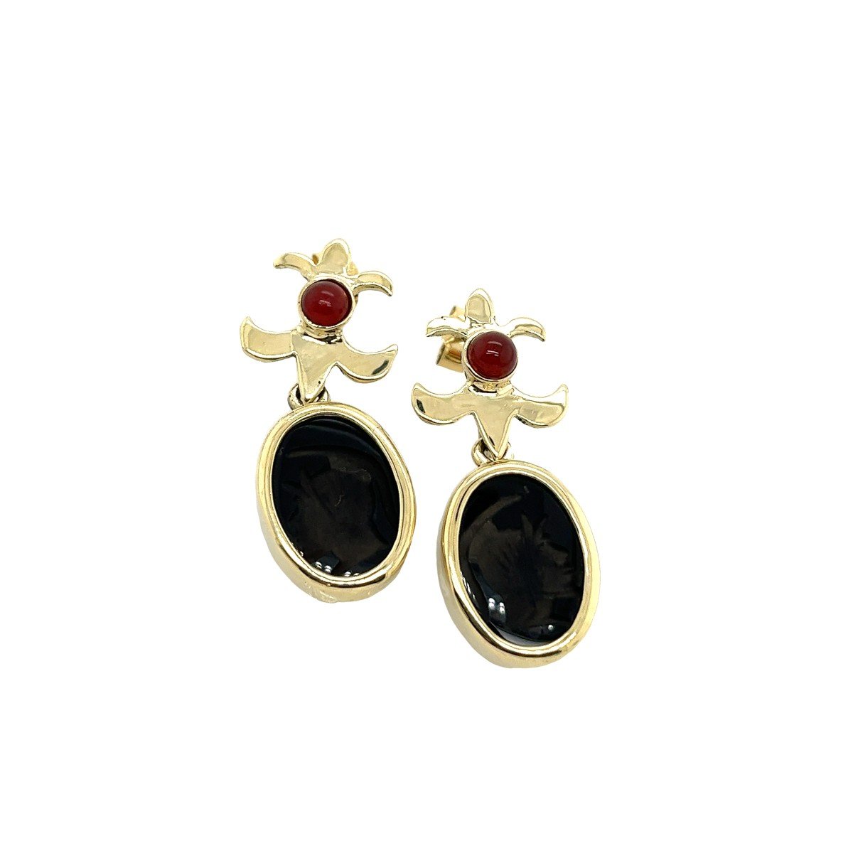 14k Yellow Gold Drop Earrings Set With 2 Carved Hematite Onyx And